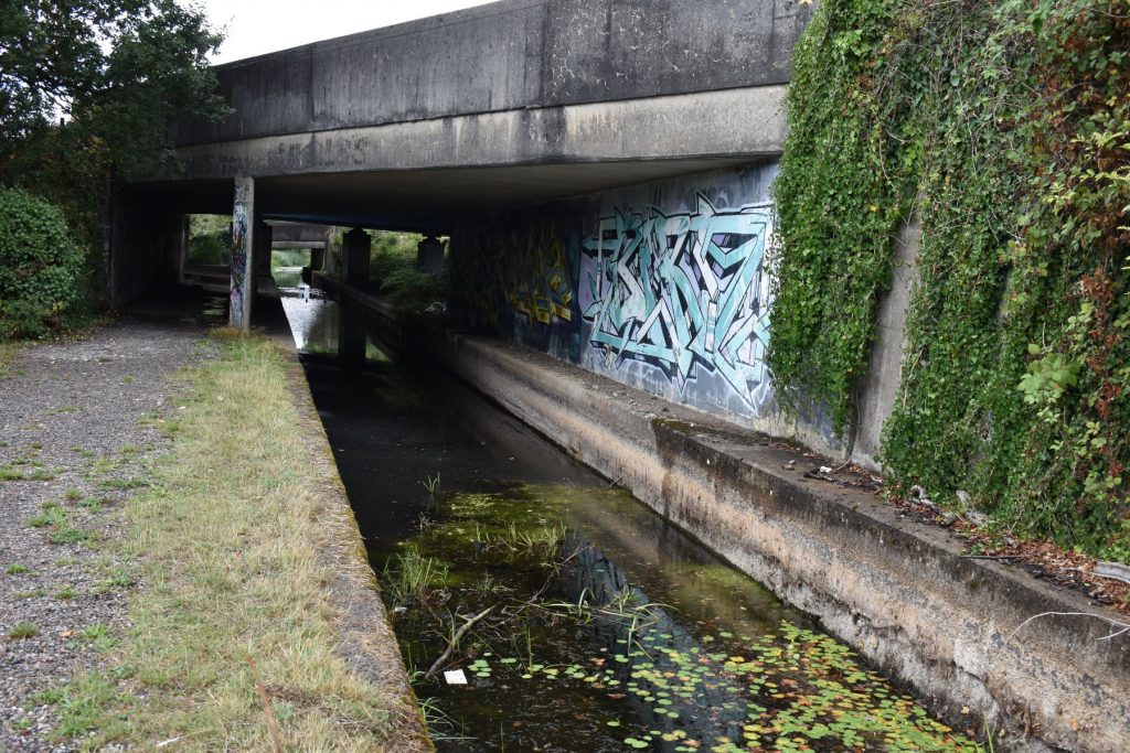 On the approach to the Cwrt Herbert roadway bridges, where the canal is usually one of its deepest sections, the water is now only a few inches deep.