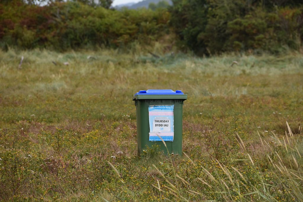 An NPTC plastic bin is isolated out on the salt marshes.