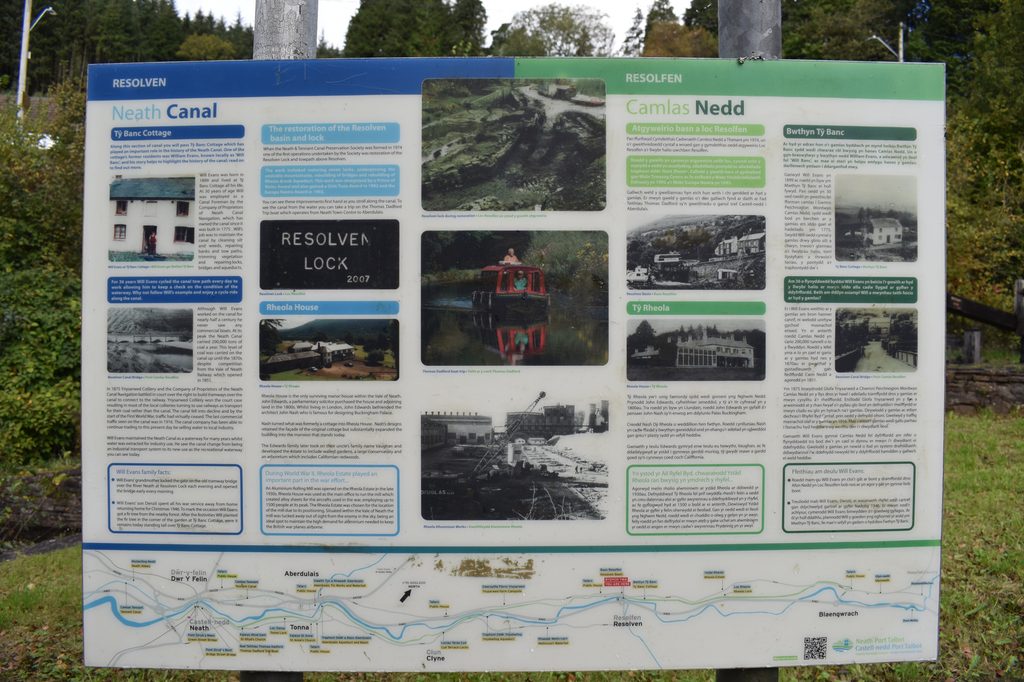 Historic information board at Resolven Lock, installed during early restoration works; some details may now be outdated.